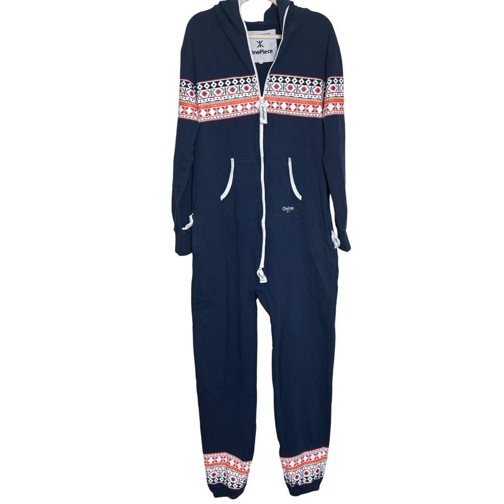 OnePiece Unisex 100% Cotton Jumpsuit M Navy Fair Isle Hooded Winter Cozy Holiday